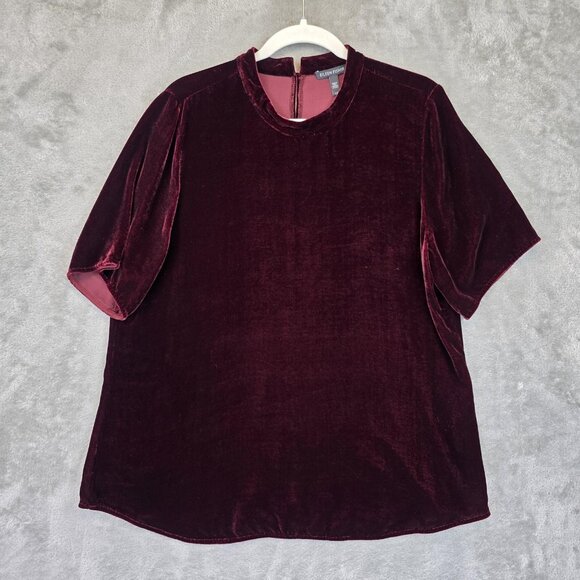 Eileen Fisher Shirt Womens Large Burgundy Velvet Rayon Silk Blend Short Sleeve - Picture 1 of 11